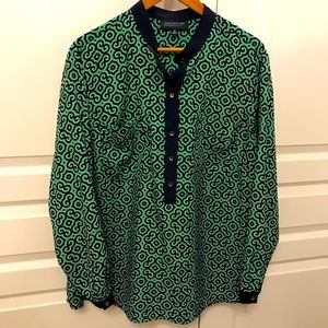 2X Jones New York Green & Navy Print Blouse with Gold Buttons Plus Size